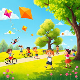A vibrant and cheerful scene depicting children engaging in outdoor activities at a sunny park