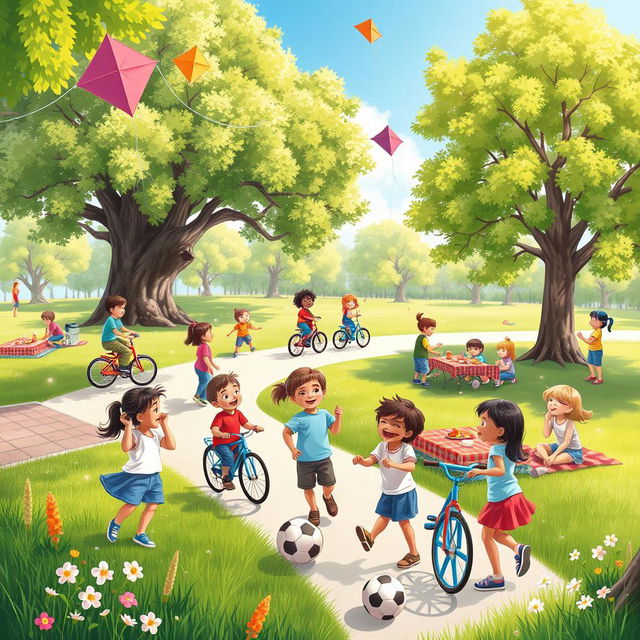 A vibrant and cheerful scene depicting children engaging in outdoor activities at a sunny park