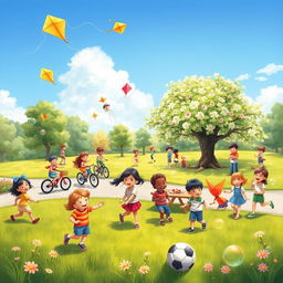 A vibrant and cheerful scene depicting children engaging in outdoor activities at a sunny park