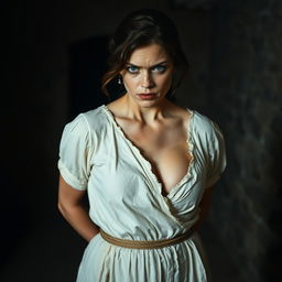 A dramatic scene featuring a white woman in a historical context, her hands tied behind her back, showcasing a strong emotional expression of defiance and resilience