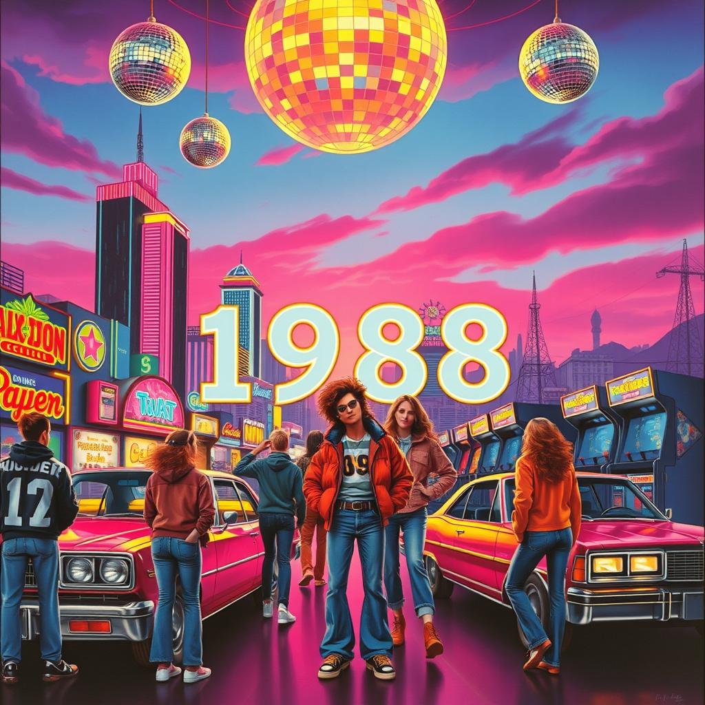 An artistic representation of the year 1988, featuring vibrant and nostalgic elements of the late 80s