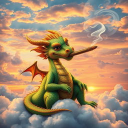 A vibrant and whimsical scene of a colorful dragon sitting on a cloud, surrounded by swirling smoke, leisurely smoking a large joint of cannabis