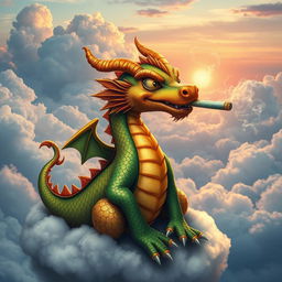A vibrant and whimsical scene of a colorful dragon sitting on a cloud, surrounded by swirling smoke, leisurely smoking a large joint of cannabis