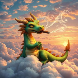 A vibrant and whimsical scene of a colorful dragon sitting on a cloud, surrounded by swirling smoke, leisurely smoking a large joint of cannabis
