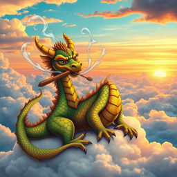 A vibrant and whimsical scene of a colorful dragon sitting on a cloud, surrounded by swirling smoke, leisurely smoking a large joint of cannabis