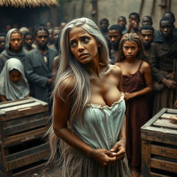 A dramatic scene set in a historical context depicting a slave auction