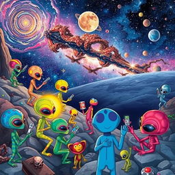 A vibrant and imaginative scene depicting aliens exploring the Milky Way galaxy
