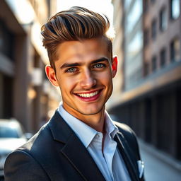 A handsome and charming young man with a strong jawline and bright smile, styled hair, wearing a fashionable suit that highlights his physique
