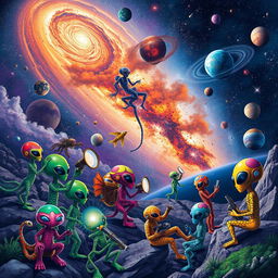 A vibrant and imaginative scene depicting aliens exploring the Milky Way galaxy