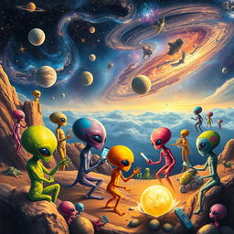 A vibrant and imaginative scene depicting aliens exploring the Milky Way galaxy