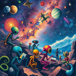 A vibrant and imaginative scene depicting aliens exploring the Milky Way galaxy