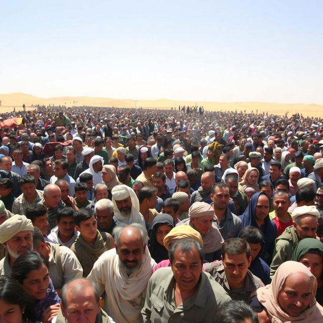 A vast desert landscape filled with people tightly packed together, struggling for space in a cramped environment