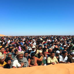 A vast desert landscape filled with people tightly packed together, struggling for space in a cramped environment