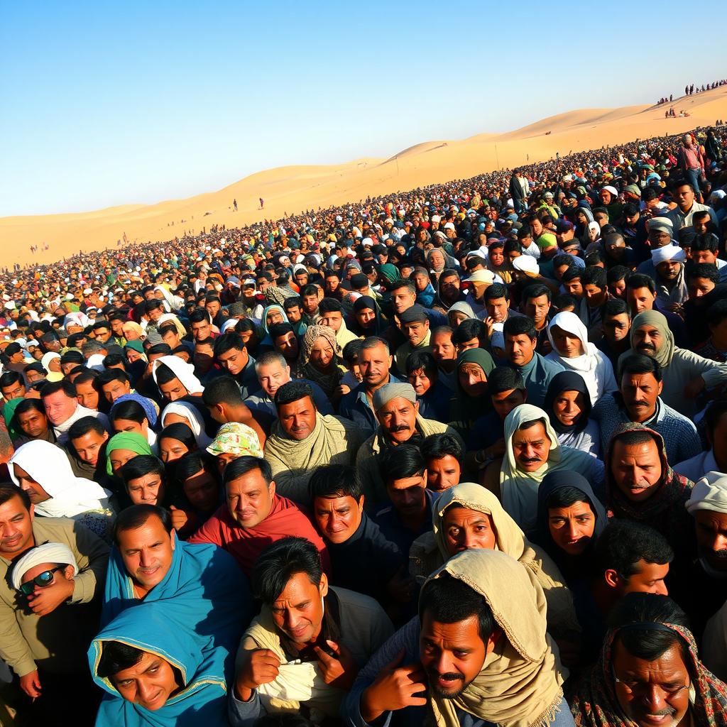 A vast desert landscape filled with people tightly packed together, struggling for space in a cramped environment