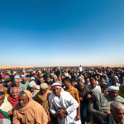 A vast desert landscape filled with people tightly packed together, struggling for space in a cramped environment