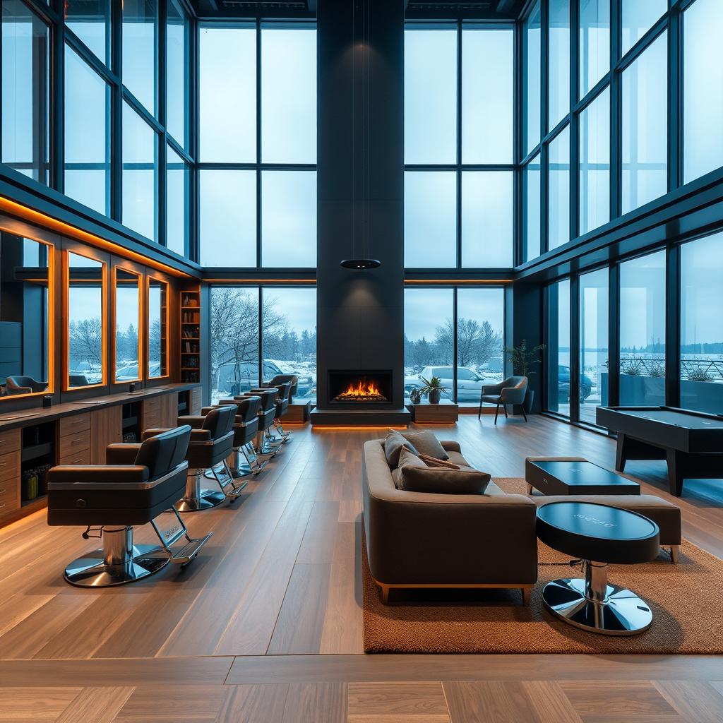 A spacious modern men's barbershop spanning 250 square meters, featuring five luxurious barber chairs arranged along one side of the salon in front of large mirrors