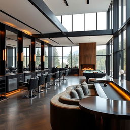 A spacious modern men's barbershop spanning 250 square meters, featuring five luxurious barber chairs arranged along one side of the salon in front of large mirrors
