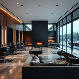A spacious modern men's barbershop spanning 250 square meters, featuring five luxurious barber chairs arranged along one side of the salon in front of large mirrors