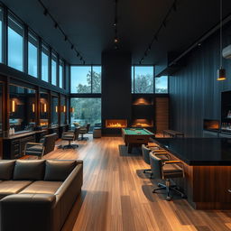 A spacious modern men's barbershop spanning 250 square meters, featuring five luxurious barber chairs arranged along one side of the salon in front of large mirrors