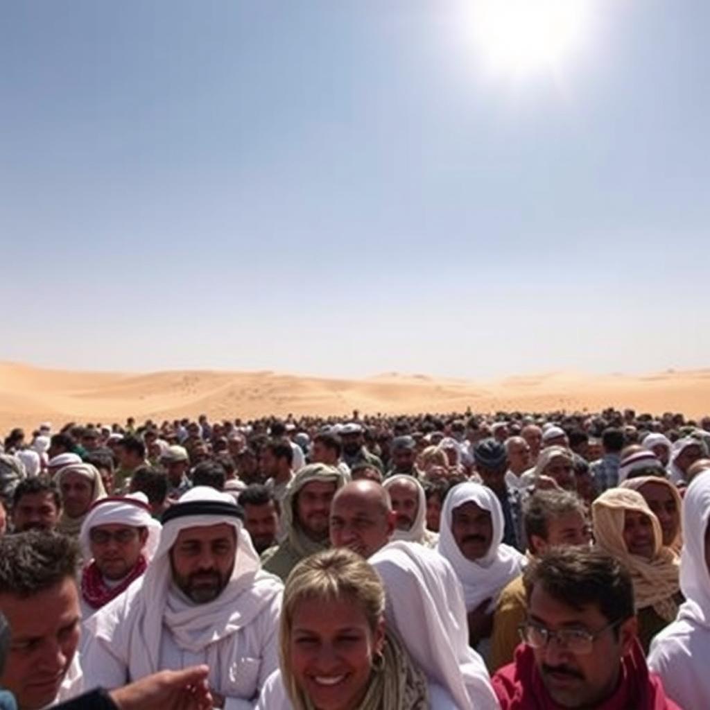 A hot desert landscape filled with tightly packed people, all crammed together in the limited space, showcasing the intense heat and the struggle for comfort