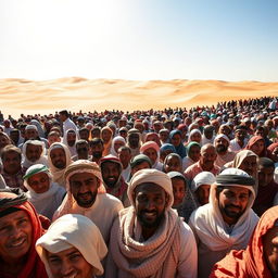 A hot desert landscape filled with tightly packed people, all crammed together in the limited space, showcasing the intense heat and the struggle for comfort