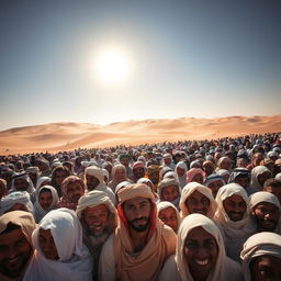 A hot desert landscape filled with tightly packed people, all crammed together in the limited space, showcasing the intense heat and the struggle for comfort