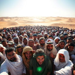 A hot desert landscape filled with tightly packed people, all crammed together in the limited space, showcasing the intense heat and the struggle for comfort