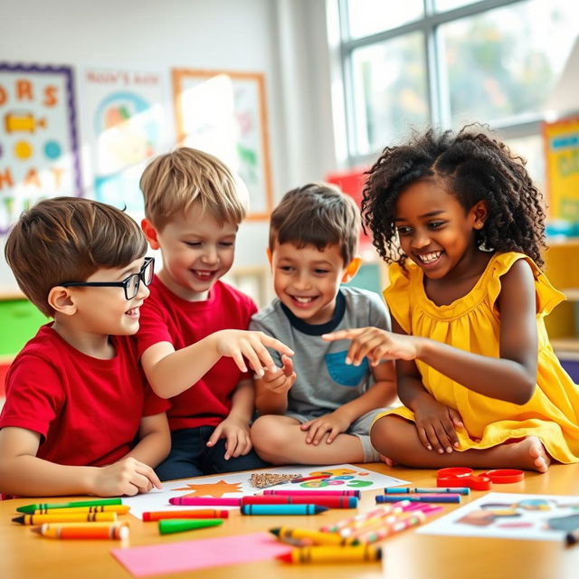 A group of three children, two boys and one girl, sitting together in a colorful classroom, discussing an art project