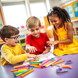 A group of three children, two boys and one girl, sitting together in a colorful classroom, discussing an art project