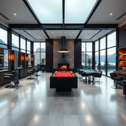 A spacious modern men's barbershop spanning 250 square meters, featuring five luxurious barber chairs aligned along one side of the salon, elegantly placed in front of large mirrors