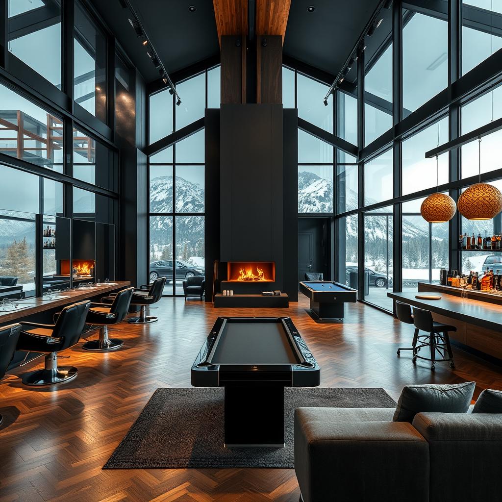 A spacious modern men's barbershop spanning 250 square meters, featuring five luxurious barber chairs aligned along one side of the salon, elegantly placed in front of large mirrors