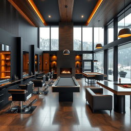 A spacious modern men's barbershop spanning 250 square meters, featuring five luxurious barber chairs aligned along one side of the salon, elegantly placed in front of large mirrors