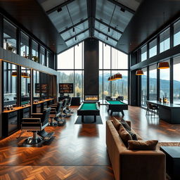 A spacious modern men's barbershop spanning 250 square meters, featuring five luxurious barber chairs aligned along one side of the salon, elegantly placed in front of large mirrors