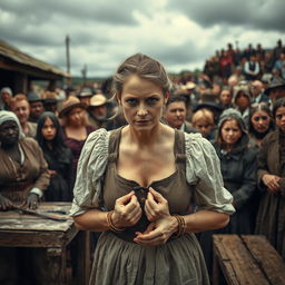 A historical scene depicting a white woman at a slave auction, her hands tied in traditional restraints