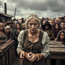 A historical scene depicting a white woman at a slave auction, her hands tied in traditional restraints