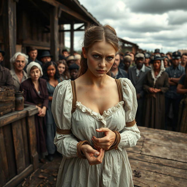 A historical scene depicting a white woman at a slave auction, her hands tied in traditional restraints