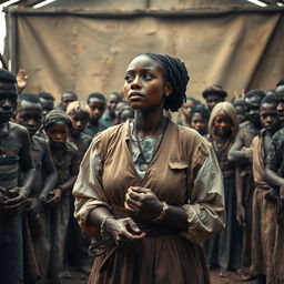 A dramatic scene depicting a historical slave auction, capturing a white female figure with hands tied, looking determined amidst a crowd of onlookers