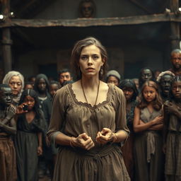 A dramatic scene depicting a historical slave auction, capturing a white female figure with hands tied, looking determined amidst a crowd of onlookers