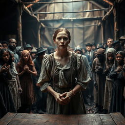 A dramatic scene depicting a historical slave auction, capturing a white female figure with hands tied, looking determined amidst a crowd of onlookers