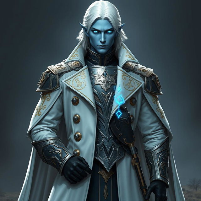 A tall and commanding Drow general named Jayce Kovacs, featuring medium-length snow-white hair and radiant glowing blue irises, contrasted against his soft neutral blue skin