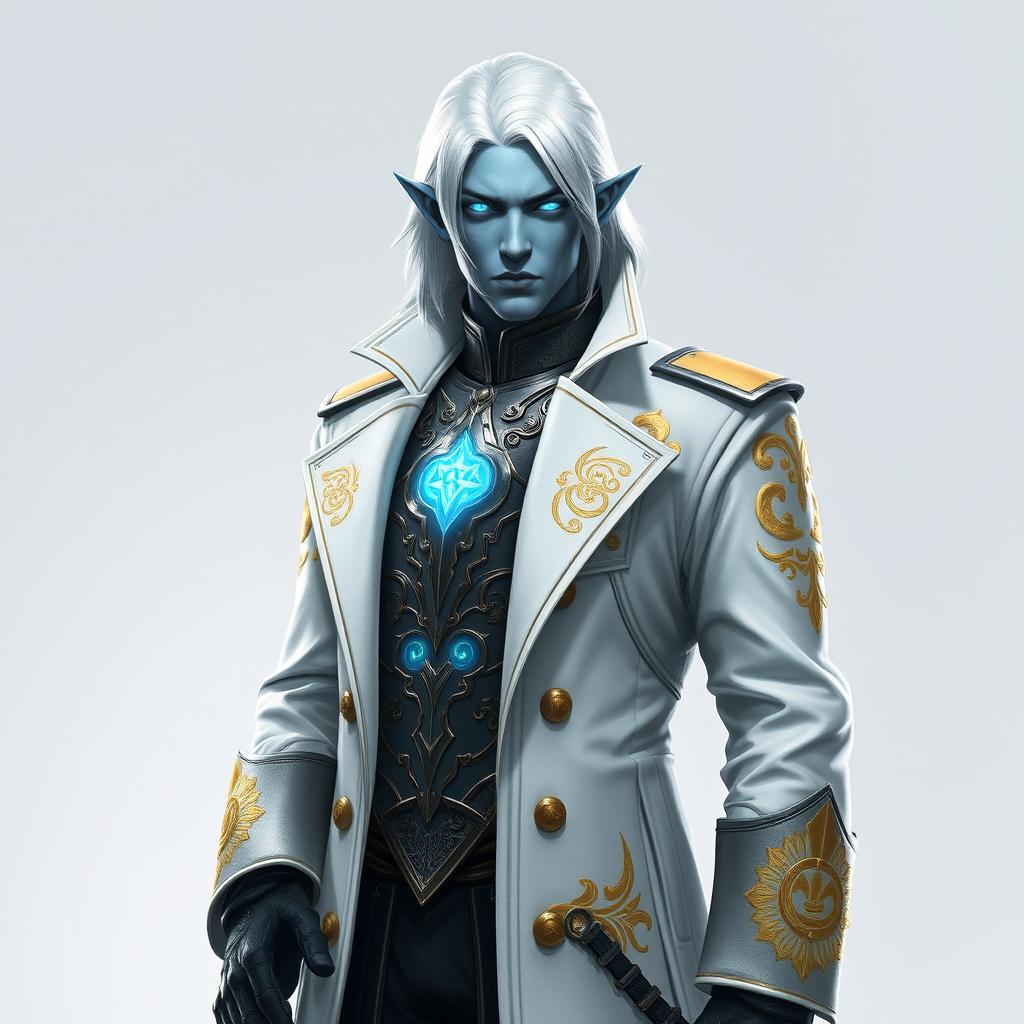 A tall and commanding Drow general named Jayce Kovacs, featuring medium-length snow-white hair and radiant glowing blue irises, contrasted against his soft neutral blue skin