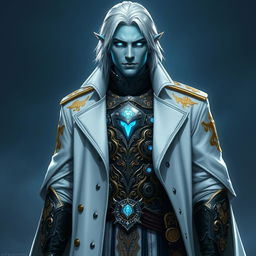 A tall and commanding Drow general named Jayce Kovacs, featuring medium-length snow-white hair and radiant glowing blue irises, contrasted against his soft neutral blue skin