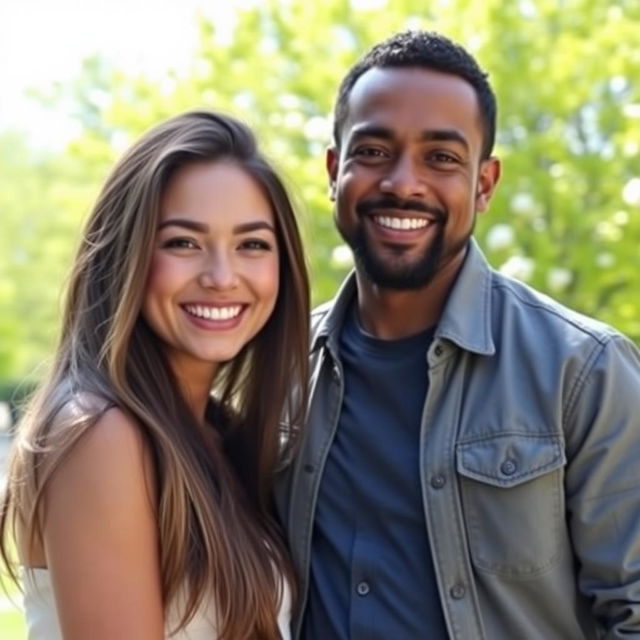 A portrait of a charismatic man dressed in casual attire, smiling warmly at the camera while standing beside a beautiful girl