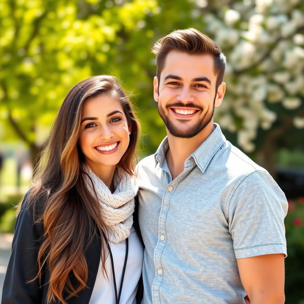 A portrait of a charismatic man dressed in casual attire, smiling warmly at the camera while standing beside a beautiful girl