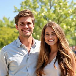 A portrait of a charismatic man dressed in casual attire, smiling warmly at the camera while standing beside a beautiful girl