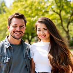 A portrait of a charismatic man dressed in casual attire, smiling warmly at the camera while standing beside a beautiful girl