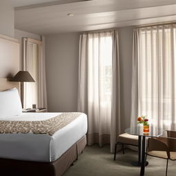 A small yet chic 9 by 8 foot room, demonstrating excellence in budget-friendly premium style. Featuring tasteful, affordable furnishings complemented by thoughtful design touches.