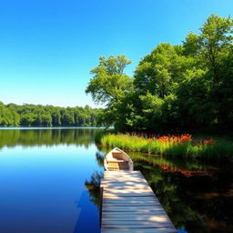 A serene landscape featuring a tranquil lake reflecting a clear blue sky, surrounded by lush green trees and vibrant wildflowers blooming along the bank