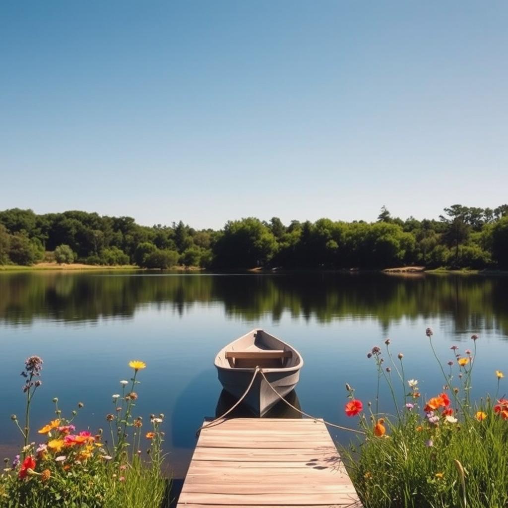 A serene landscape featuring a tranquil lake reflecting a clear blue sky, surrounded by lush green trees and vibrant wildflowers blooming along the bank