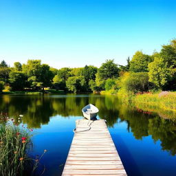 A serene landscape featuring a tranquil lake reflecting a clear blue sky, surrounded by lush green trees and vibrant wildflowers blooming along the bank